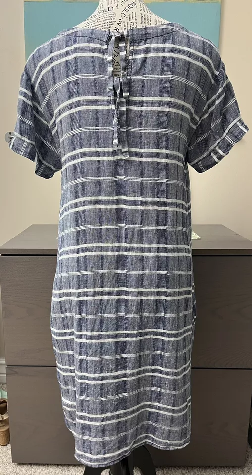 Vestido Vaina Caslon Azul con Rayas Blancas Lino Mangas Cortas Hasta la Rodilla Med Foto 3 de 4