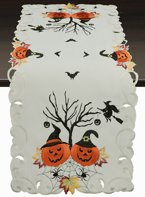 Halloween Table Runner,Embroidered Jack o Lantern  Pumpkins Dresser Scarf, Ivory