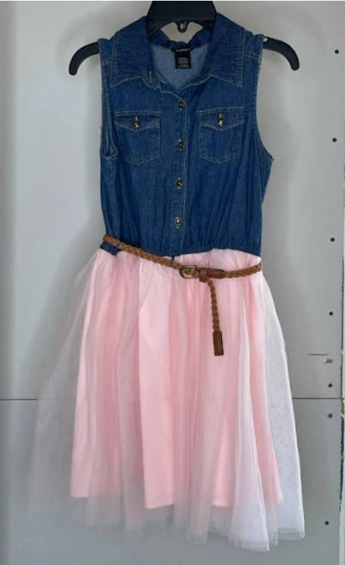 ZUNIE GIRLS DENIM TOP TULLE BOTTOM BELTED DRESS (BLUE DENIM BLUSH