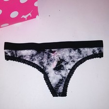 Victoria Secret PINK Panty Thong Black White Tie Dye Lace Banded New