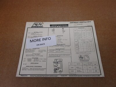 1973 Chevrolet Vega 4-cyl. 140 engine AEA tune up chart spec sheet ORIGINAL