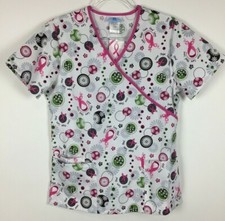 SB Scrub Top Womens Size S White Pink Trim Ribbon 3 Pocket Nursing Medical NWT