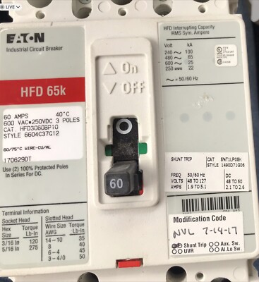 Eaton ED3060BP10 3 Pole 60 Amp 240volt Shunt Trip CAT# SNT1RP08K
