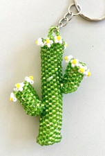 Beaded Cactus Keychain - Nature Desert Plant tiny flowers - 2.5 inch x 2 inch