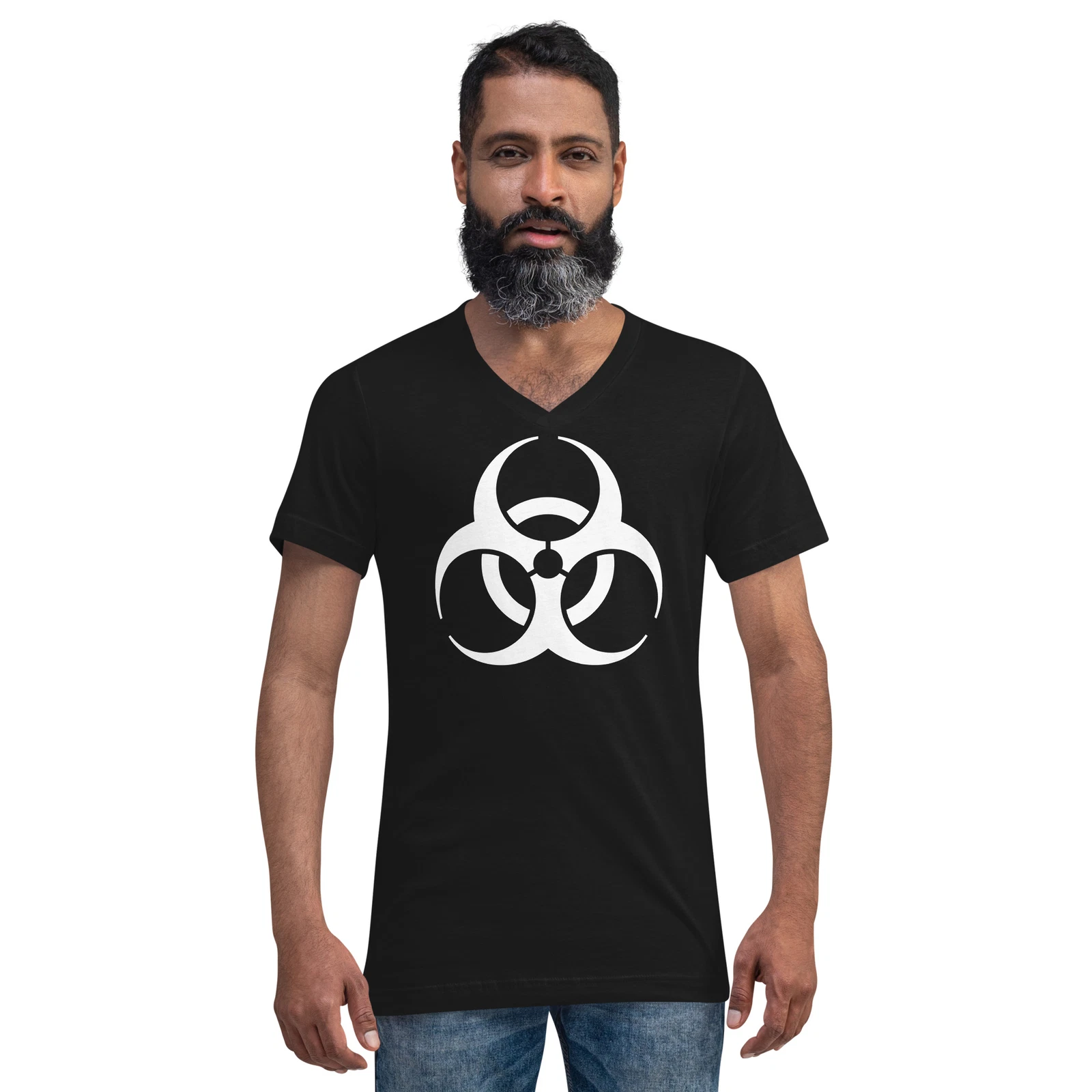White Biohazard Sign Toxic Chemical Symbol Unisex Short Sleeve V-Neck T-Shirt