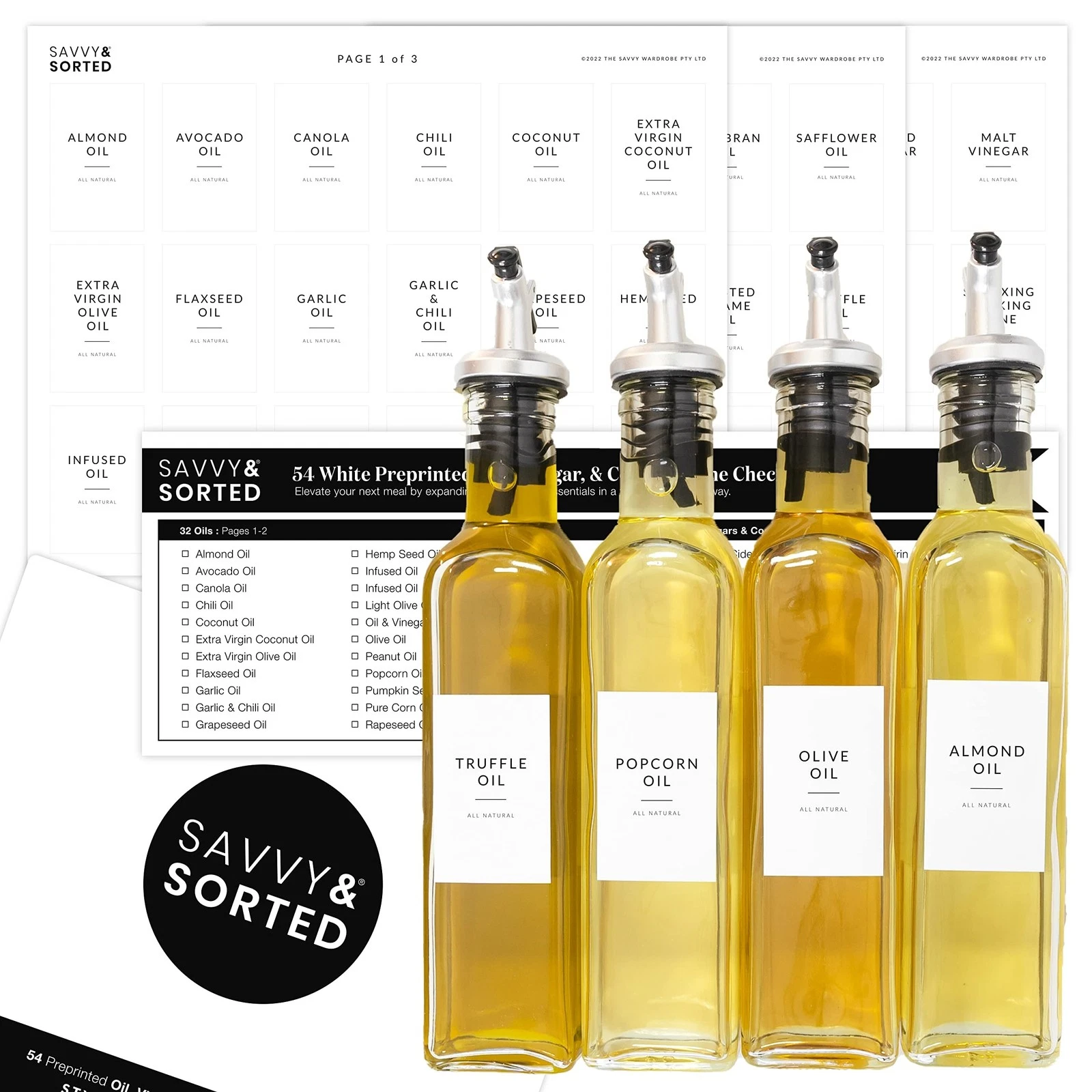 Minimalist Oil Bottle Labels, 54 Preprinted Pantry Stickers for Oils and Vine...