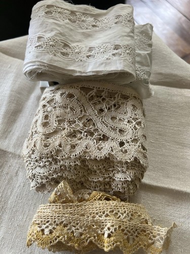 3 x Antique Laces, Bobbin & Cotton Trim White Yellow Vintage Wedding / 10ys - Picture 3 of 22