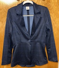 Cabi navy/blue plaid ruffled peplum stretch knit blazer Size 6 snap front