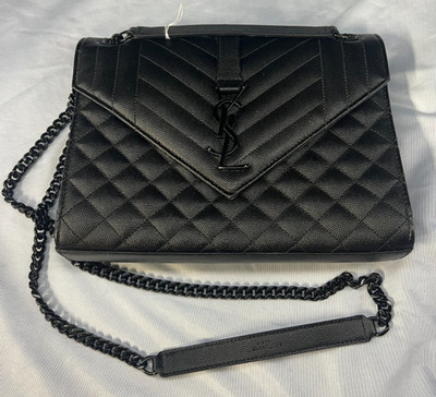 Yves St Laurent YSL Envelope Triquilt Black Chain Shoulder Bag Grained Leather