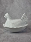 Vintage White Milk Glass Hen on Nest Covered Dish - 2 Pc Set - Farmhouse Style