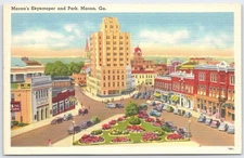 Vintage Macon GA Skyscraper and Park Linen Postcard by Tichnor Bros