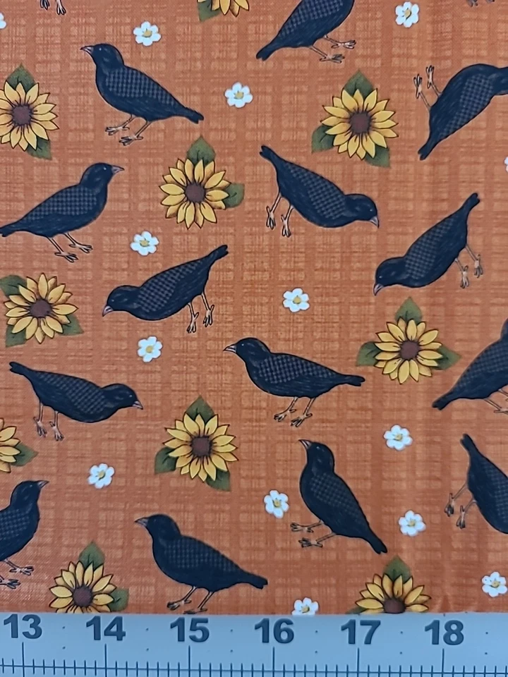 Otoño Otoño Cuervos Girasoles Sobre Tela de Algodón Bernatex Naranja Quemado 1 Yarda Foto 3 de 4
