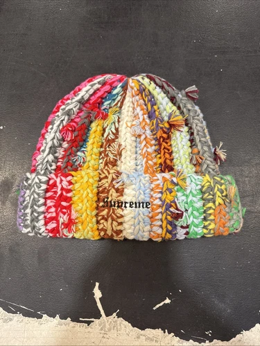 NEUF Bonnet Supreme noué main FW23 multicolore authentique sac ouvert