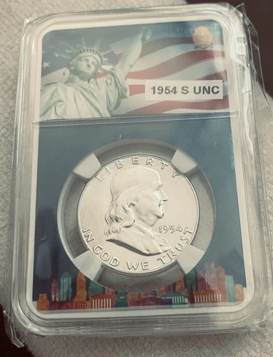 1954 S Franklin Half Dollar UNC PF Like, 90% Silver, Last Year “S” Mint Franklin