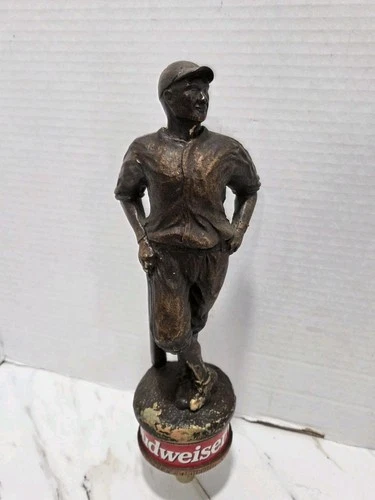 VINTAGE BUDWEISER  BRONZE BASEBALL TROPHY BEER TAP HANDLE KEG KNOB BAR SIGN