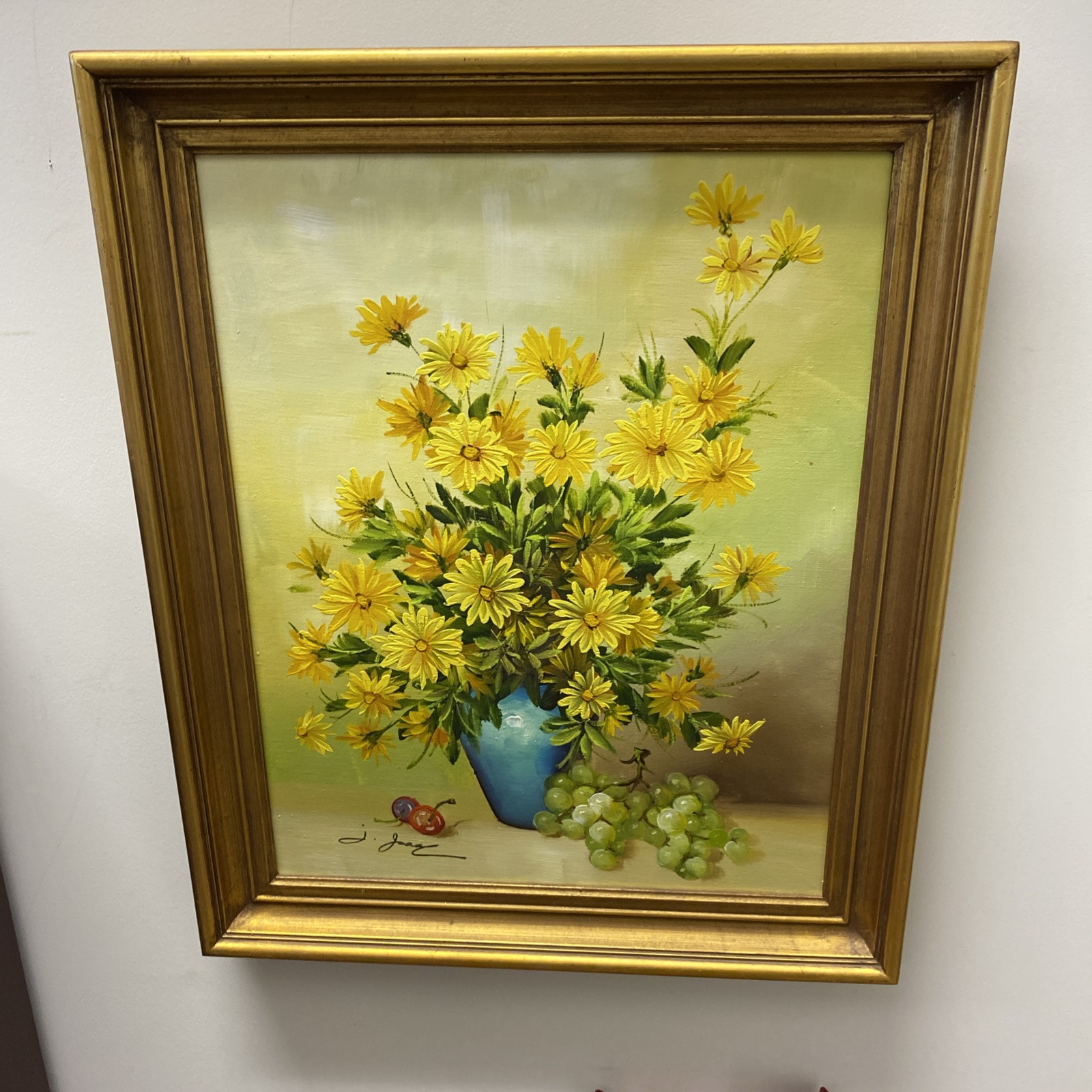Signed Yellow Flowers In Blue Vase Still Life Framed Oil Painting