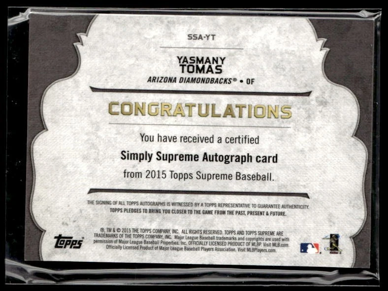 L37,892 - 2015 Topps Supreme Simply Supreme Auto #SSAYT Yasmany Tomas - Image 2 of 2