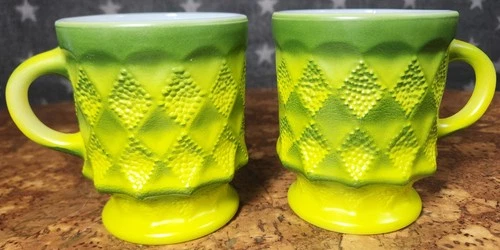 2 Fire King Kimberly Diamond Coffee Tea Cups Green Glass Stackable Mugs Vintage
