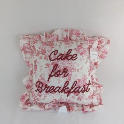 ''Cake for Breakfast'' Pink Ruffle Toss Pillow 16x16 Floral Embroidered Teen Home