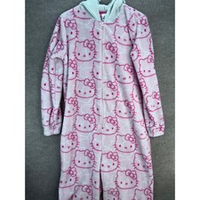 Hello Kitty by Sanrio One Piece Hooded Pajamas Sleepwear Pink Fleece White Small