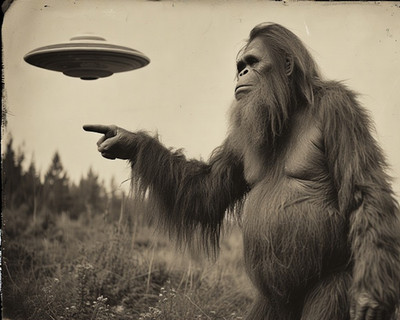 vintage illustration sasquatch point finger sepia space ship Art Poster 8x10'' 1