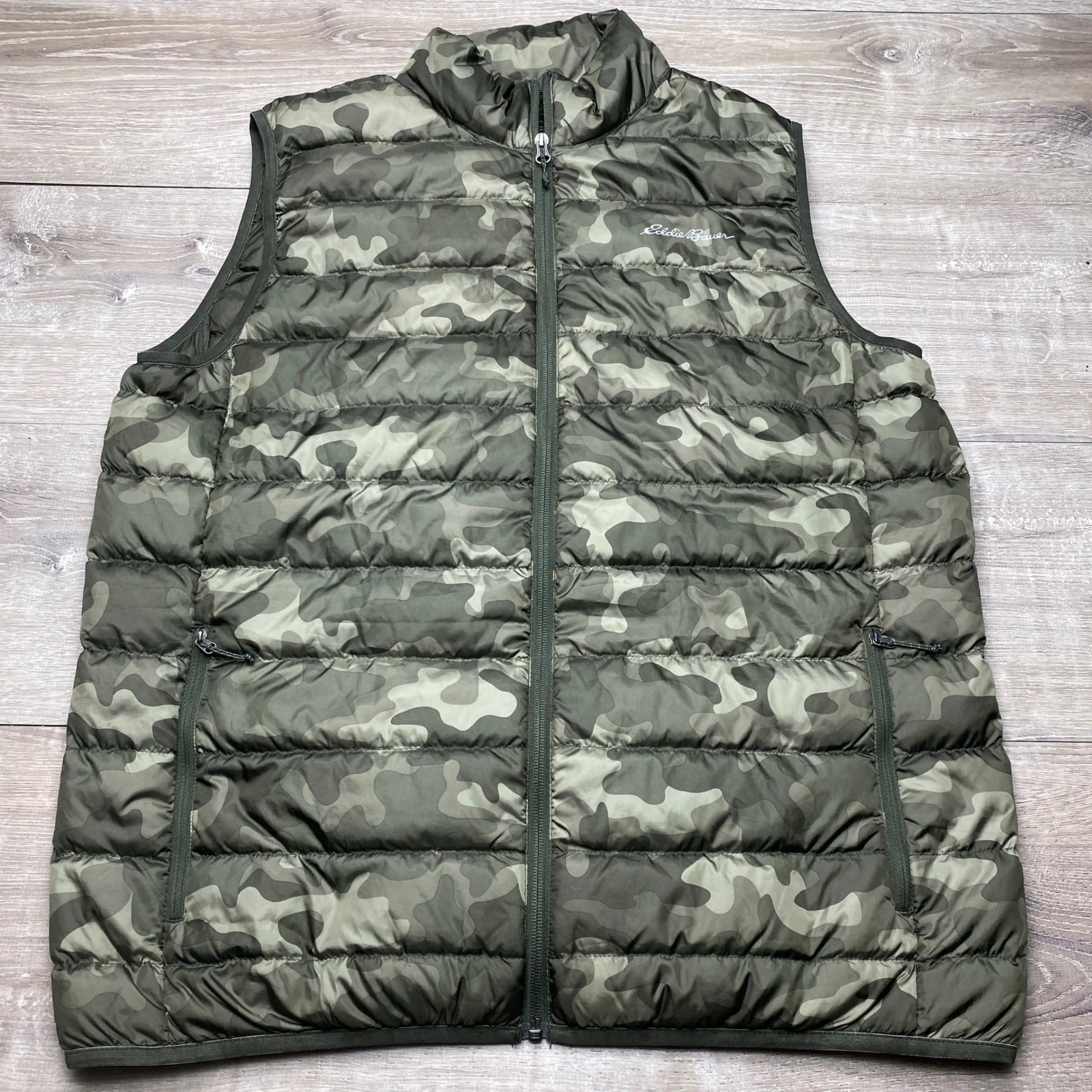 Eddie Bauer Vest EB650 Mens Tall Large Green Camo Puffer Down Insulated Quilted