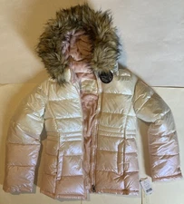 Madden Girl Kids Winter Jacket Size 14/16 White Pink Faux Fur Trim Hooded New