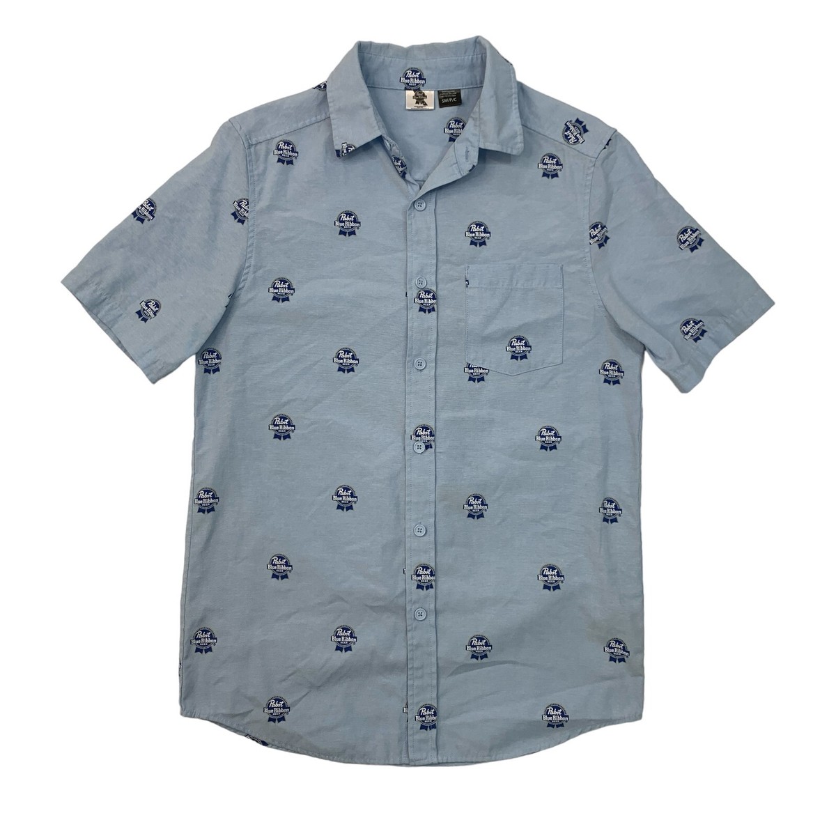 PBR Pabst Blue Ribbon Beer Shirt Mens S Small Woven Button Up