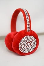 Faux Fur All Over Silver BLING  Red Fluffy Earmuffs