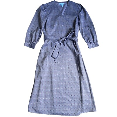 Draper James Midi Dress Blue Faux Wrap Flare Rainbow Retro