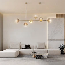6-Light Modern Gold Linear Globe Ceiling Light Pendant Lamp Sputnik Chandelier