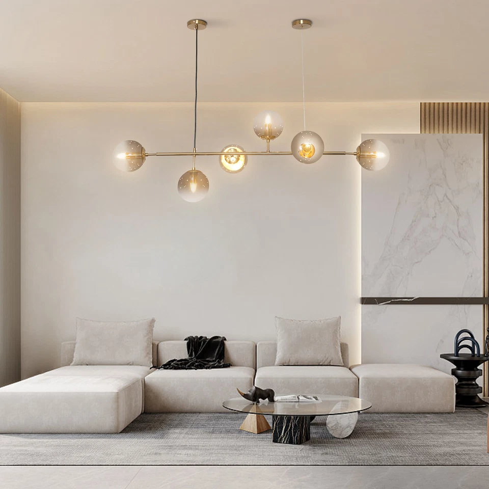 Candelabro pingente globo linear dourado moderno 6 luzes lâmpada Sputnik - Imagem 2 de 4