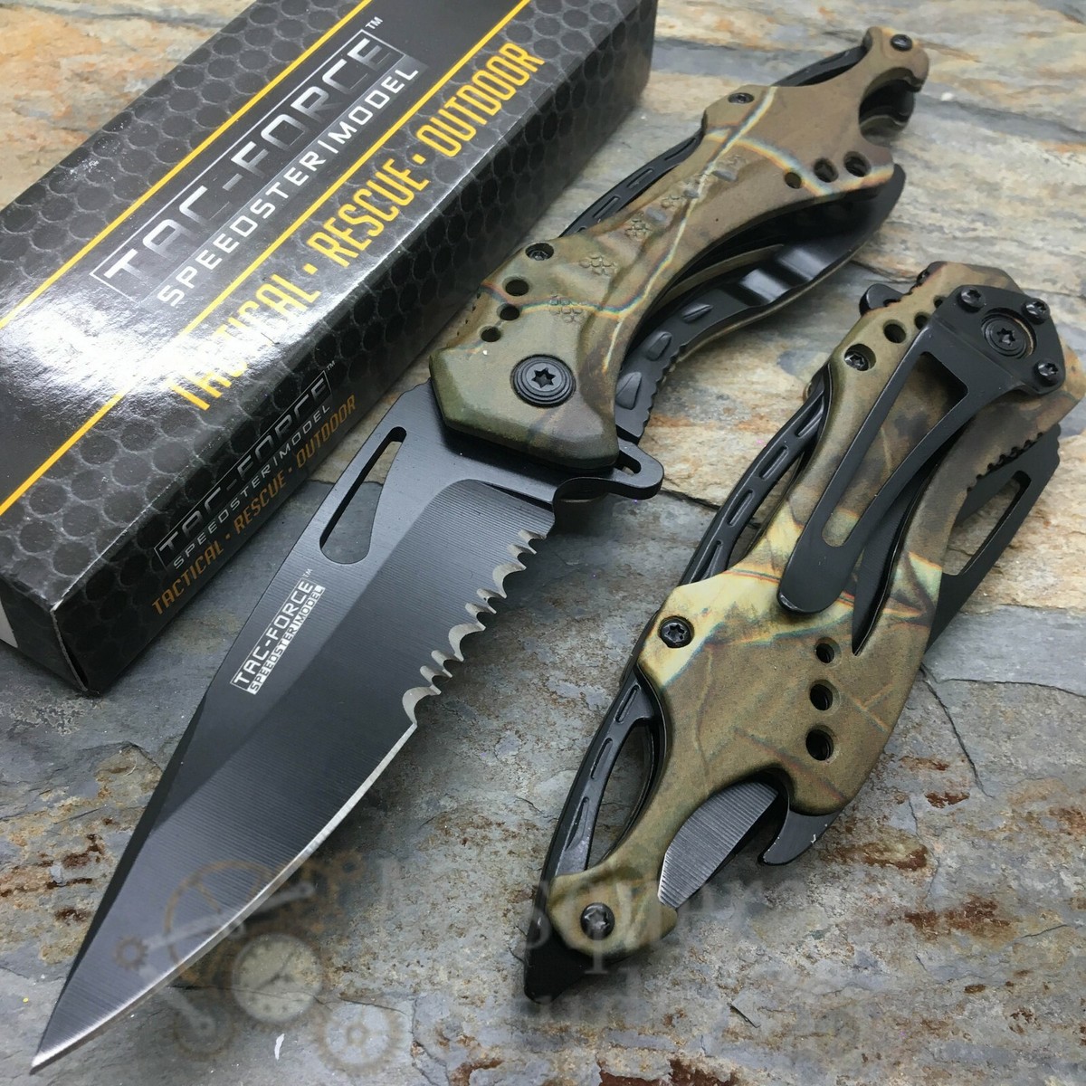 Tac Force Half Serrated Tactical Outdoor Gray Camo Spring Assisted
