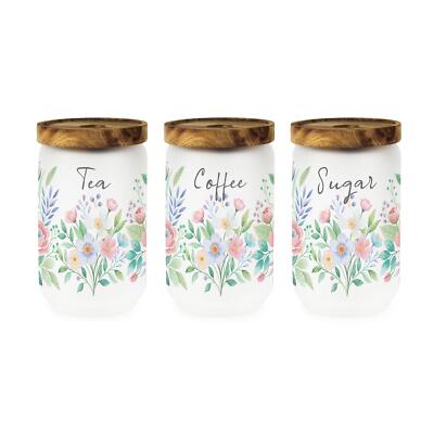 Floral Bouquet Tea, Coffee Sugar Canister Set Glass Kitchen Storage Set  of UK