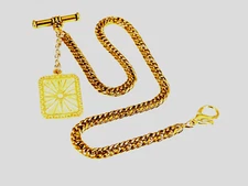 Antique Pocket Watch Chain 18k Gold Plated 10"  T Bar & Lobster Claw & Fob!
