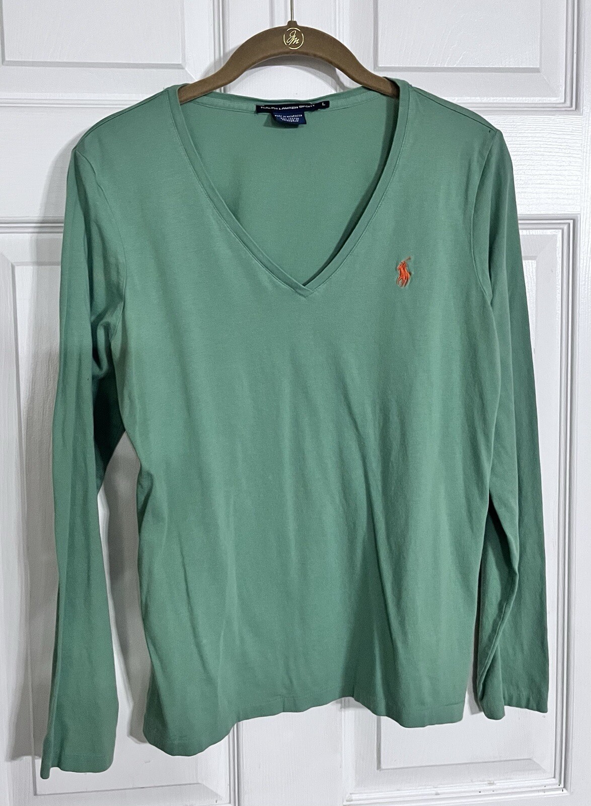 Ralph Lauren Sport verde T manica lunga donna scollo a V grande arancione pony SPEDIZIONE VELOCE