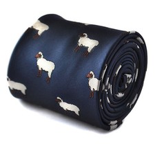 Frederick Thomas Designer Mens Tie - Dark Navy Blue - Embroidered Sheep Print