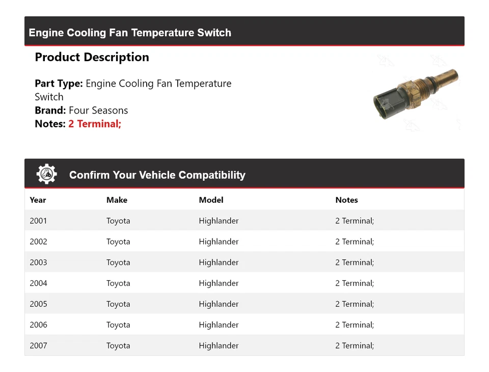 Interruptor de temperatura ventilador de refrigeração motor Toyota Highlander 2001-2007 4 estações - Imagem 2 de 4