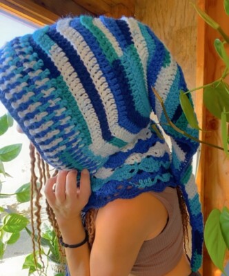 Crochet Handmade Womans Boho Hood hat scoodie pixie Shades Of Blue Green