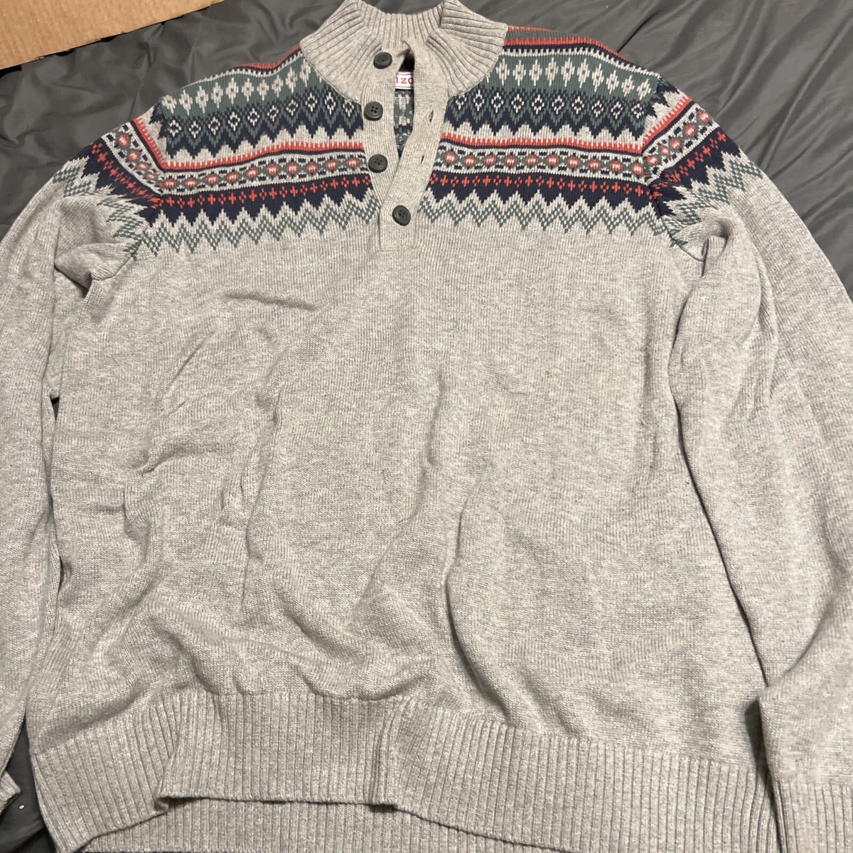 Men s XL Nordic Ski Sweater Gray IZOD Geometric Christmas Cotton Mock Cardigan