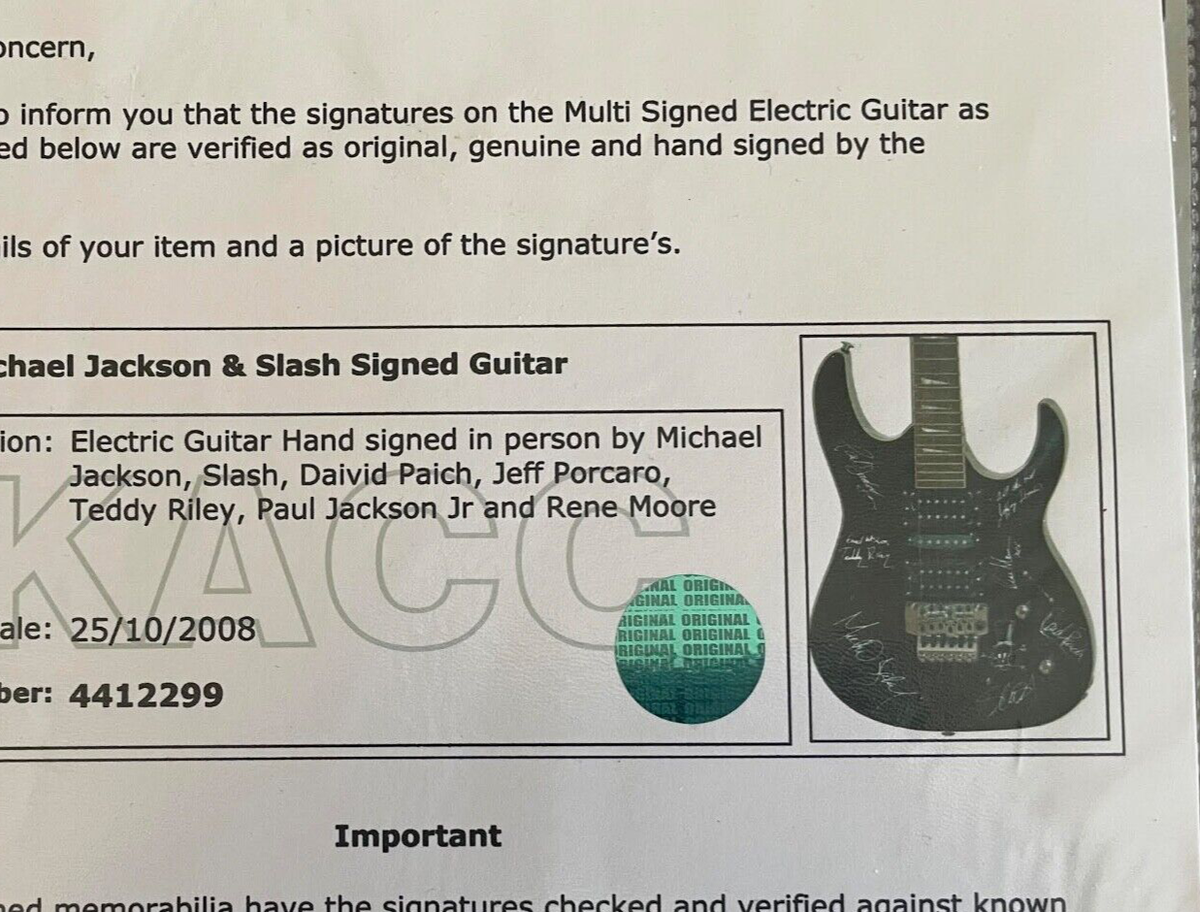 MICHAEL JACKSON SLASH Autograph Signed Rickenbacker Guitar Played