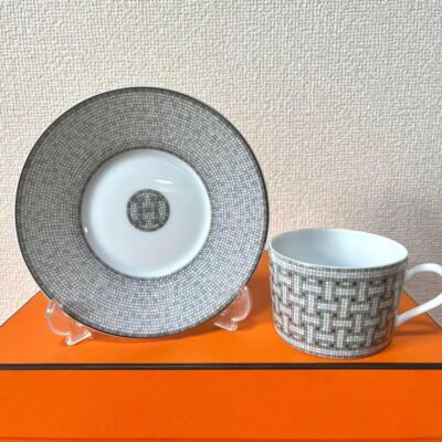 HERMES Tea Cup Saucer Mosaique Au 24 Platinum 2 Sets Porcelain
