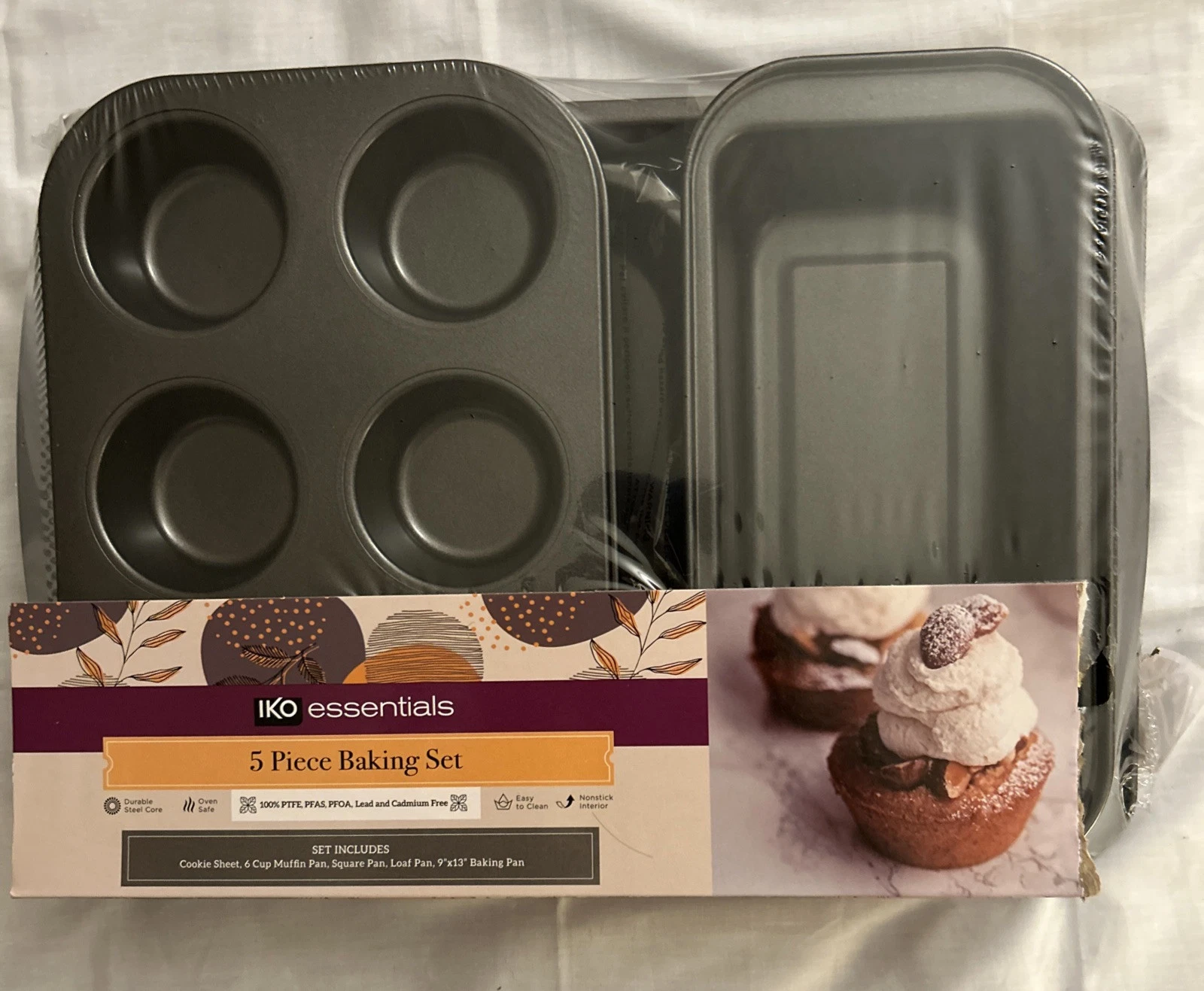 IKO 5 Piece Set Cookie Sheet, 9 X 13 Baking Pan, Muffin, Square, and Loaf Pan