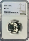 1946-S  Washington Silver Quarter 25c - NGC MS65