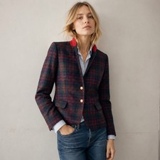J.Crew Plaid Schoolboy Blazer Size 8 Green Red Wool Blend Tartan Crest Button