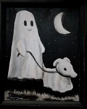 Original Ghost w/ Ghost Dog Painting Folk Art Thayer Art OOAK Canvas Halloween 