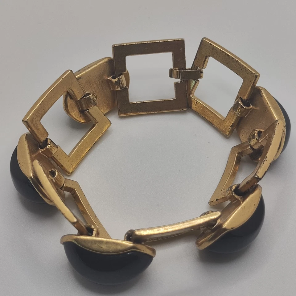 Pulsera de eslabones vintage tono dorado amatista púrpura vidrio cabujones gruesos alta costura Foto 3 de 4