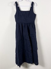 Quince 100% European Linen Fit & Flare Midi Dress Navy Sleeveless Quiet Luxury