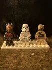 3 Star wars Lego Mini Figures Stormtrooper, Mandolorain, And Tuscan Raider