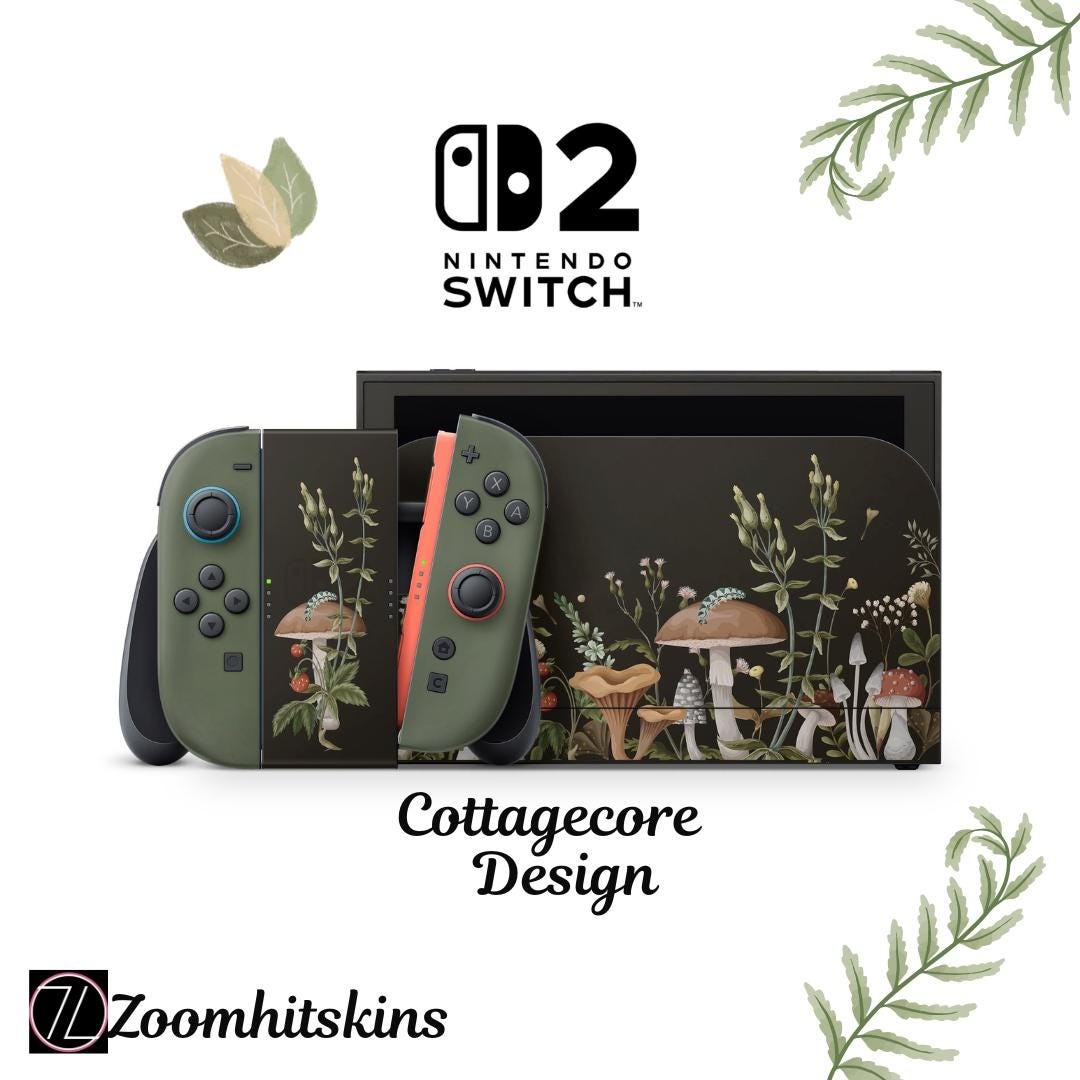 Cottagecore Nintendo Switch 2 Skin Full Wrap Decal  Whimsical Mushroom Forest